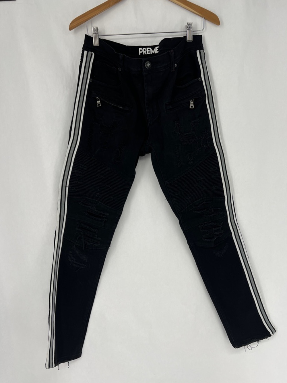 PREME Black Distressed Moto Jeans with White Side Stripes 34x33